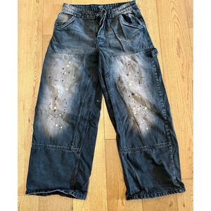 BoohooMAN Carpenter Jeans Men 34 Black Excellent Paint Splatter Wide Leg Pants
